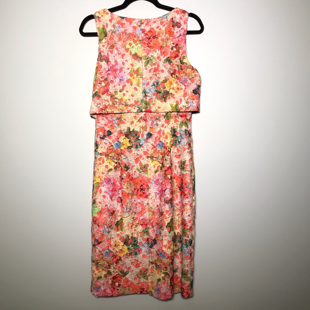 Badgley Mischka Floral Lace Sleeveless Popover Dress In Coral Multicolor Size 6 - Picture 7 of 8